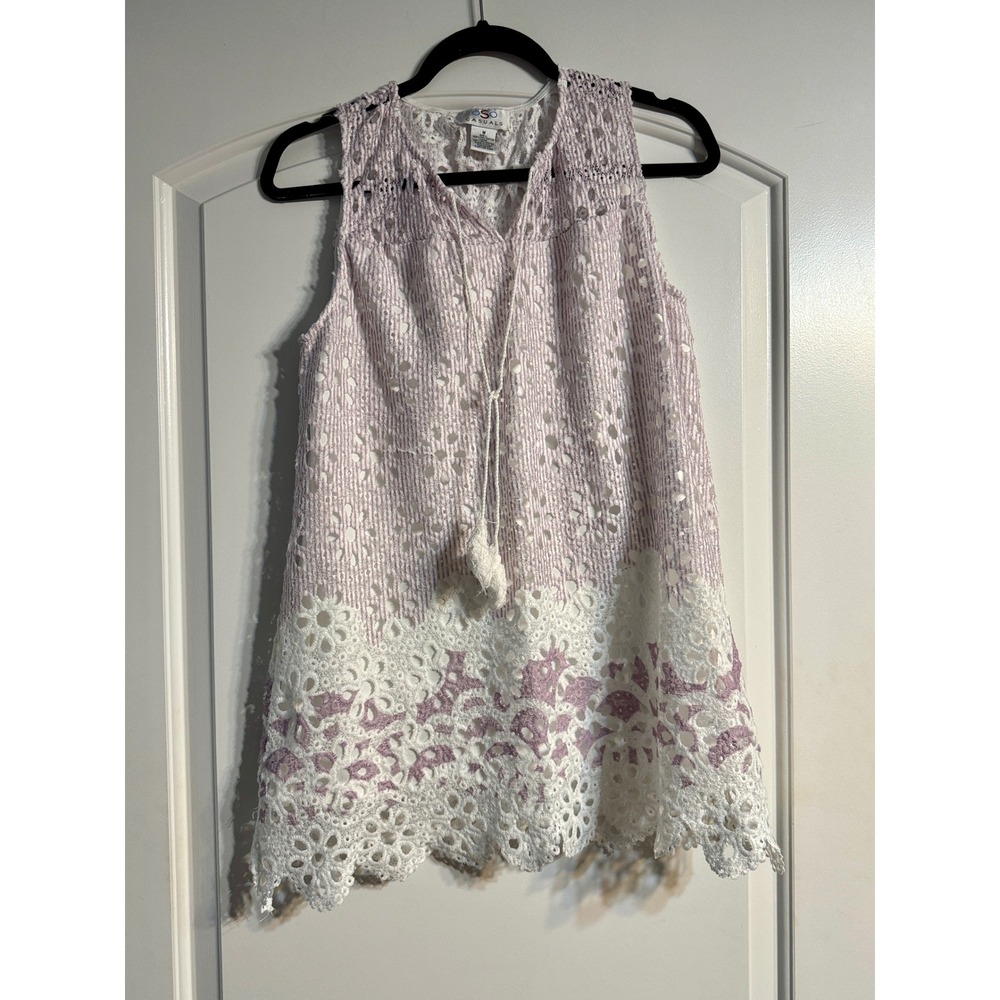 Oso Casuals Eyelet Lace Tunic Medium Lilac White Boho Cottagecore Seersucker Top